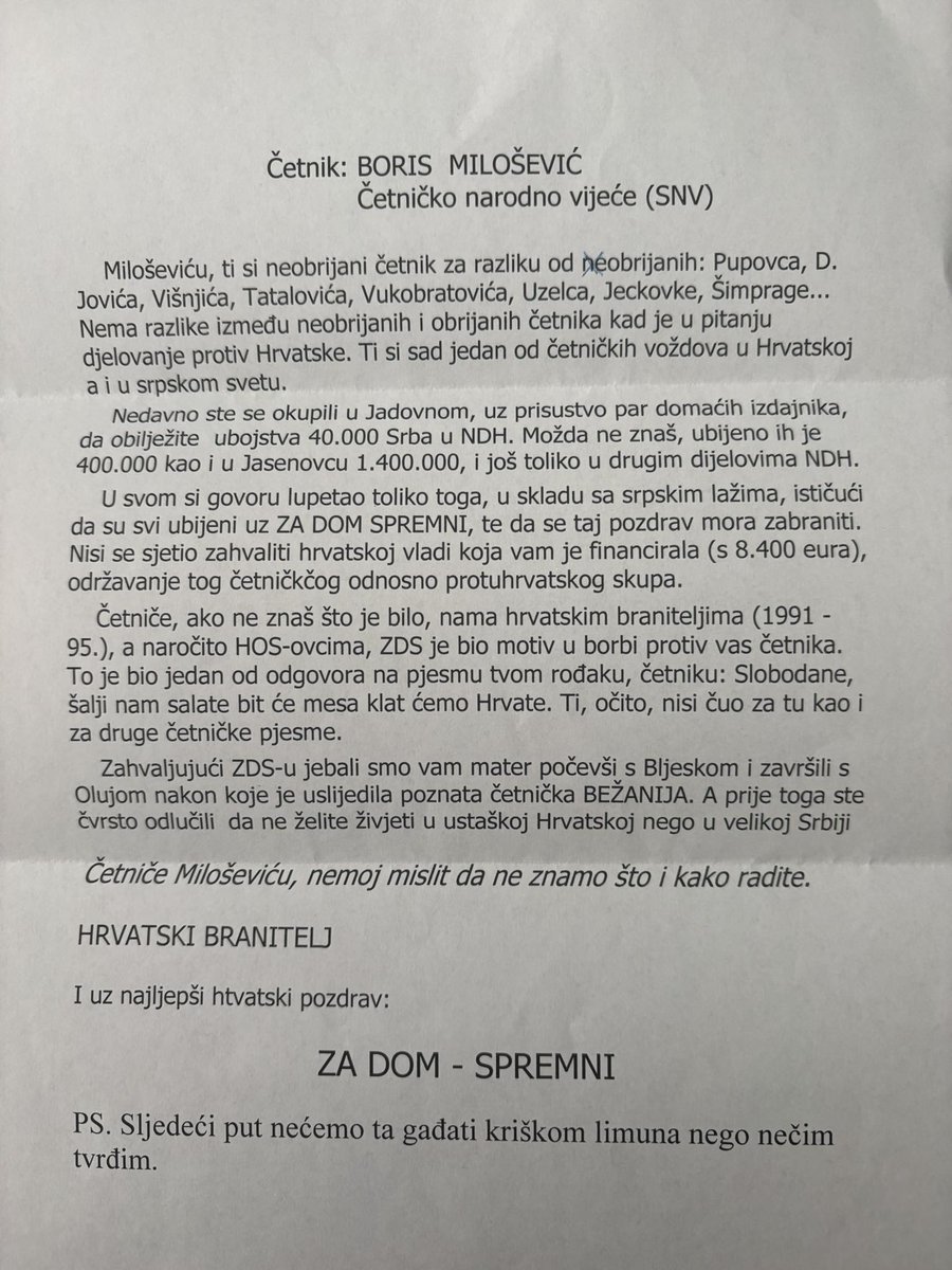 DejanFpzg's tweet image. Prijetnje političkim liderima Srba u Hrvatskoj i istaknutim Srbima iz Hrvatske. Pismo jutros pristiglo predsjedniku SNV-a Borisu Miloševiću.