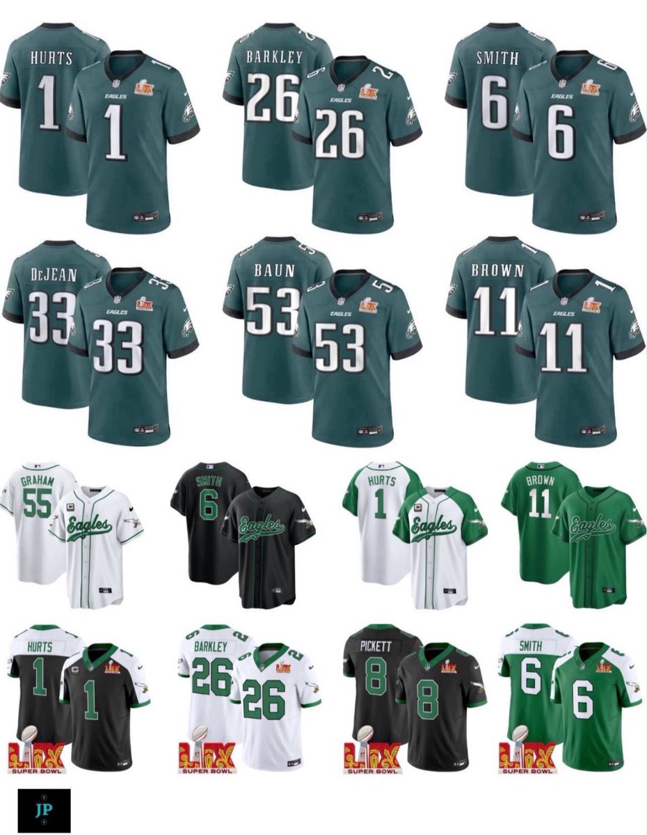 Jersey__Plug's tweet image. A few of our Philadelphia Eagles jerseys available! 馃
Any player (or name/number) can be done in any style for sizes 2T through 8X. Super Bowl LIX patch can be added to any style. Pictures below are of our own actual jerseys.
DM us if you鈥檇 like to order!