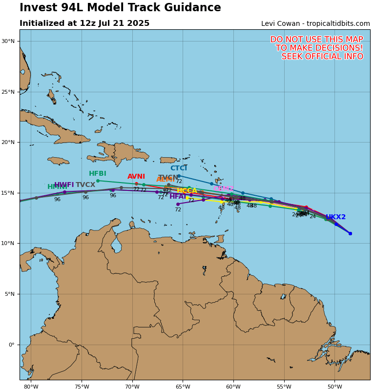 ouragans's tweet photo. Position de la perturbation #94L à 12h TU: 11.0N 48.5W soit 1231 km à l'E de Barbade, vents maxi 46 km/h, déplacement vers l'WNW ou 297° à 29 km/h, pression mini 1012 mb

Image de prévisions de trajectoire à 12h TU -via @TropicalTidbits https://t.co/tn1E09WWHb
