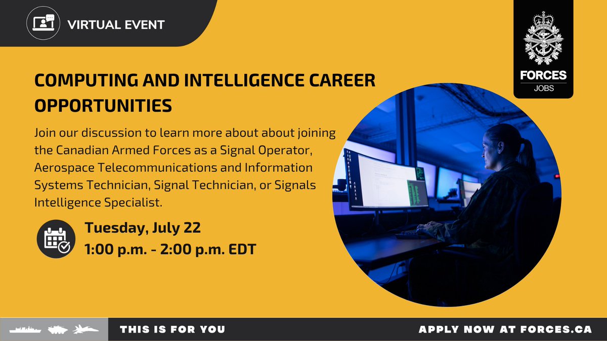 CanadianForces's tweet image. Join our webinar to speak with recruiters and learn more about how you can join the CAF as a Signal Operator, Aerospace Telecommunications and Information Systems Technician, Signal Technician, or Signals Intelligence Specialist: forces.ca/en/events/#/de…