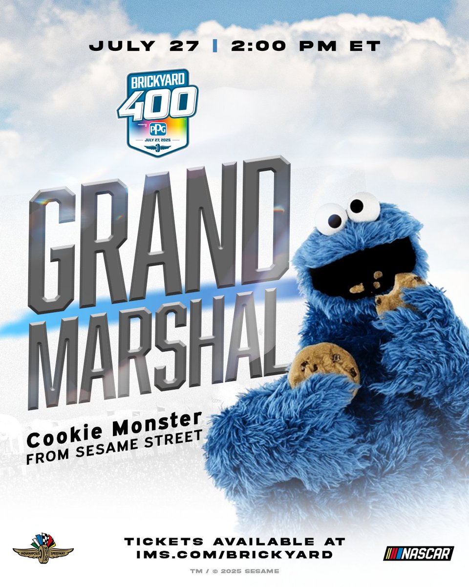 IMS's tweet image. B is for Brickyard, and C is for Cookie 🍪
@SesameStreet’s @MeCookieMonster will serve as the Grand Marshal for the #Brickyard400!