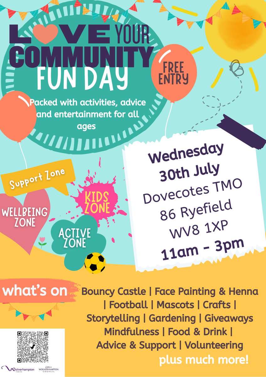 Looking for something free to do in the summer? Why not pop along to our Love Your Community Fun Day next Wednesday (30th) at Dovecotes TMO. 
Free entry for all! 😀