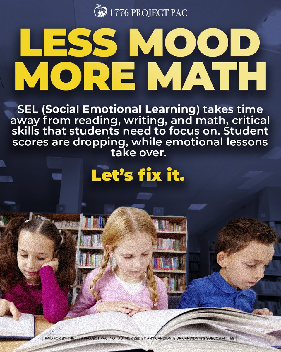 1776ProjectPac's tweet image. Kids are failing so why are schools so focused on feelings?
SEL (Social Emotional Learning) used to mean teaching kindness. Now it means: Mood tracking & identity politics in class.
Teachers aren't therapists & academics keep sliding!