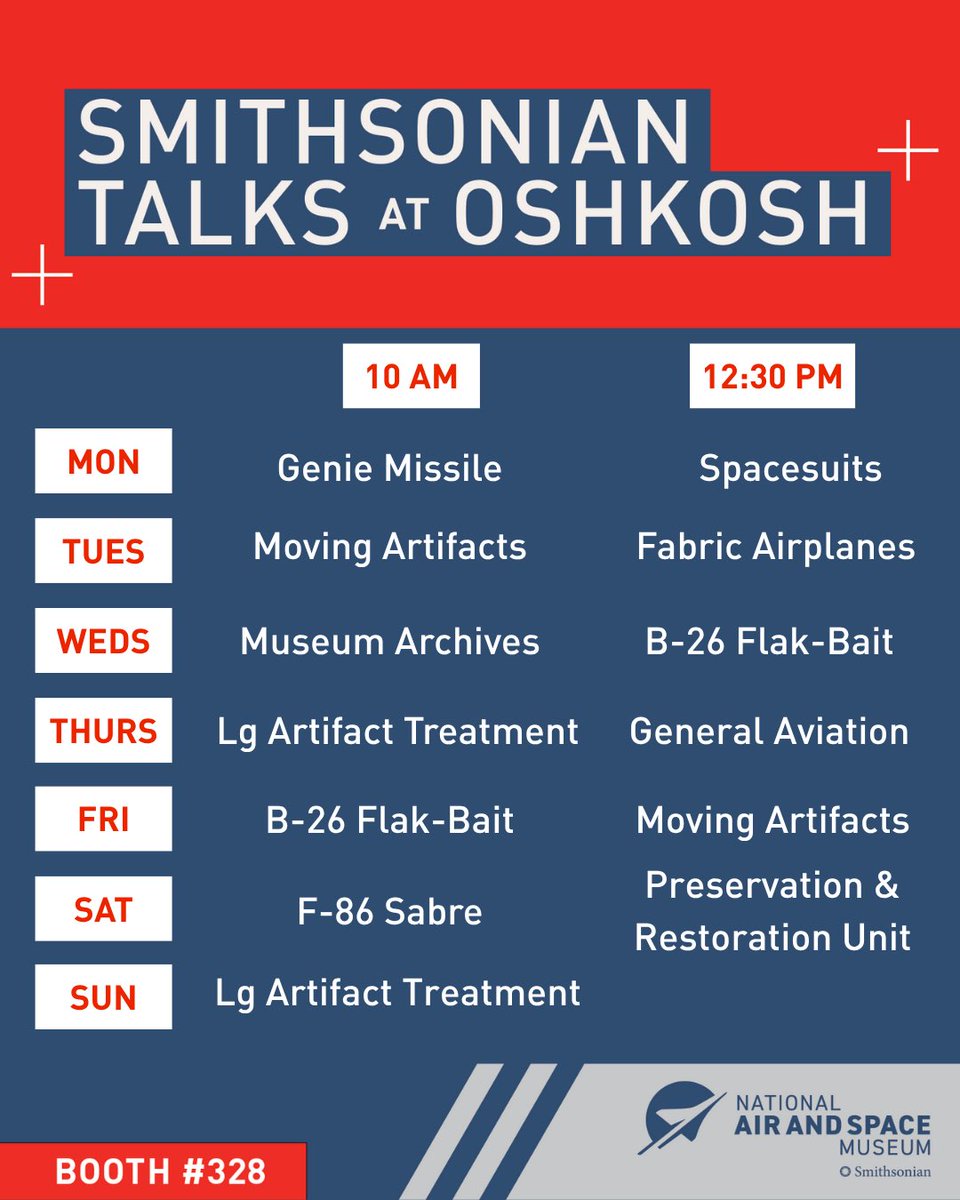 airandspace's tweet image. We’re in Oshkosh this week for EAA AirVenture! Are you? Stop by our tent at Booth 328 to meet our curators and collections staff — and don’t miss the casual talks at our booth throughout the week. #OSH25
