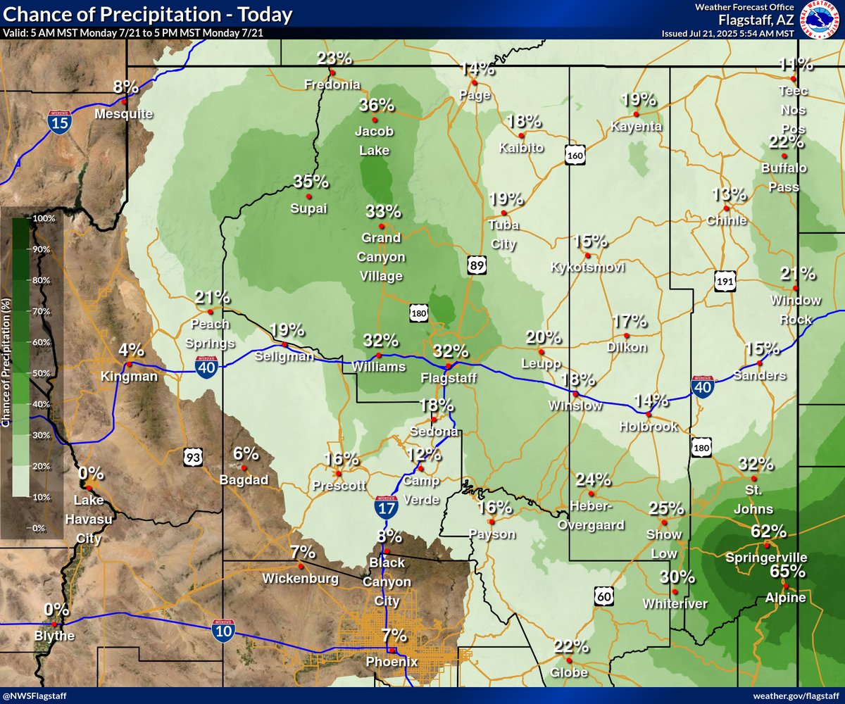 NWSFlagstaff's tweet image. Isolated to scattered showers and thunderstorms will be around later this afternoon and evening. Brief heavy downpours and gusty winds will be the main threats. #azwx