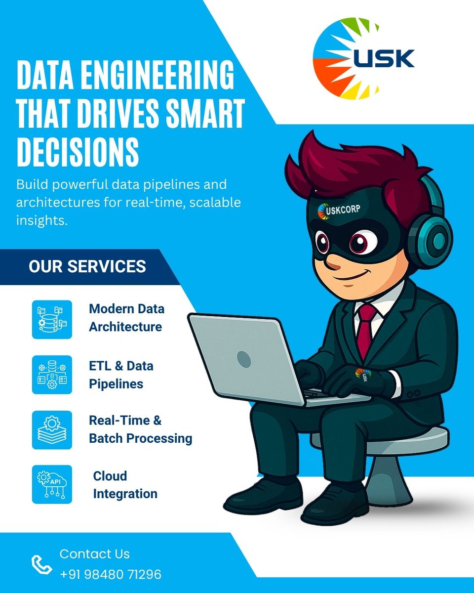 uskcorpindia's tweet image. 📊 Transform Data into Decisions!
Power your business with modern data pipelines, real-time processing, and cloud integration.
Let USKCORP engineer your smarter future.

#DataEngineering #ETLPipelines #CloudIntegration #RealTimeProcessing #DataDriven #USKCORP #TechSolutions #