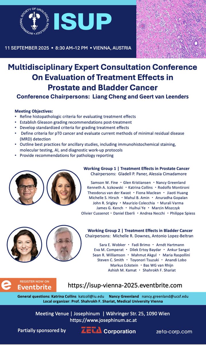 IntSocUropath's tweet image. #ISUP Upcoming Event
2025 ISUP Vienna Multidisciplinary Consensus Conference on Evaluation of Treatment Effects in Prostate and Bladder Cancer #ISUPVienna2025 🇦🇹
📅 11 Sept 2025, immediately following @ESP_Pathology #ECPCongress
Register here:
ISUP-VIENNA-2025.eventbrite.com