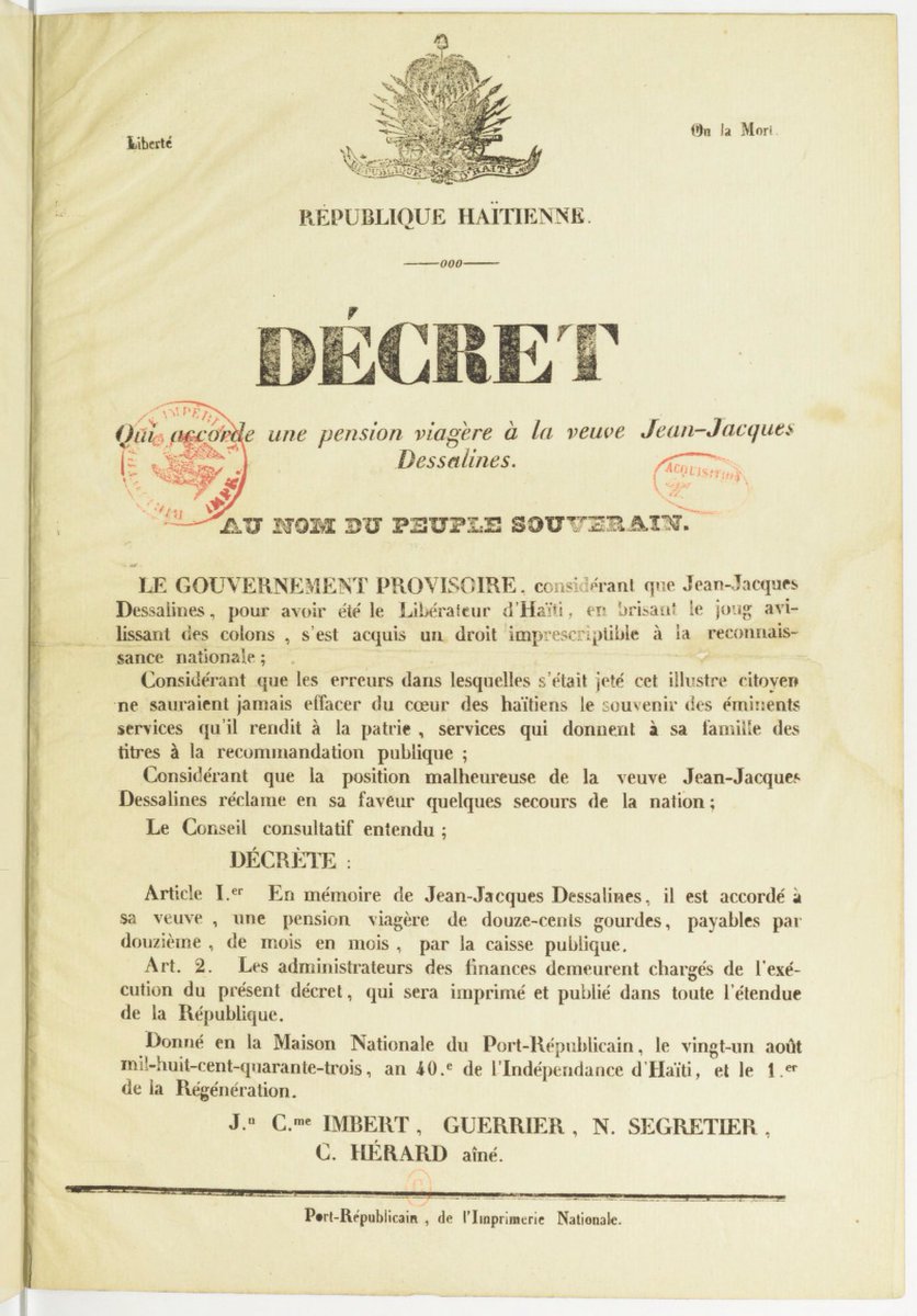 En 1843 Rivière Herard accorde une pension viagère de Douze-cents gourdes à la veuve de notre Grand Jean Jacques Dessalines
