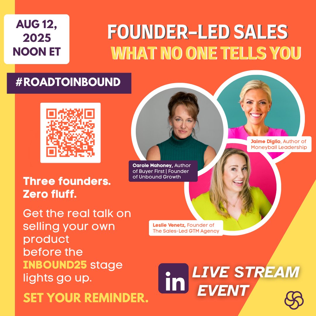 Founders: Doing all the selling and all the building?

We’ve been there &amp; on Tues, Aug 12 @ Noon ET, we're going live  to talk about what no one tells you about founder-led sales.

🎥 Join us for this #INBOUND25 sneak peek: bit.ly/4lEpUHn
#FounderLedSales #StartupSales