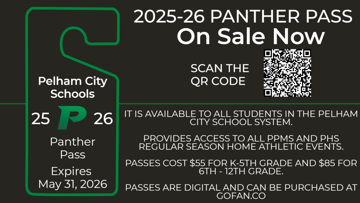 ThePelhamWaySOC's tweet image. 2025-26 Panther Pass is now available for all Pelham City Schools students!
The Panther Pass gets your student general admittance to all Pelham Park Middle School and Pelham High School Varsity and Sub-Varsity home athletic regular season events for the 2025-26 school year.