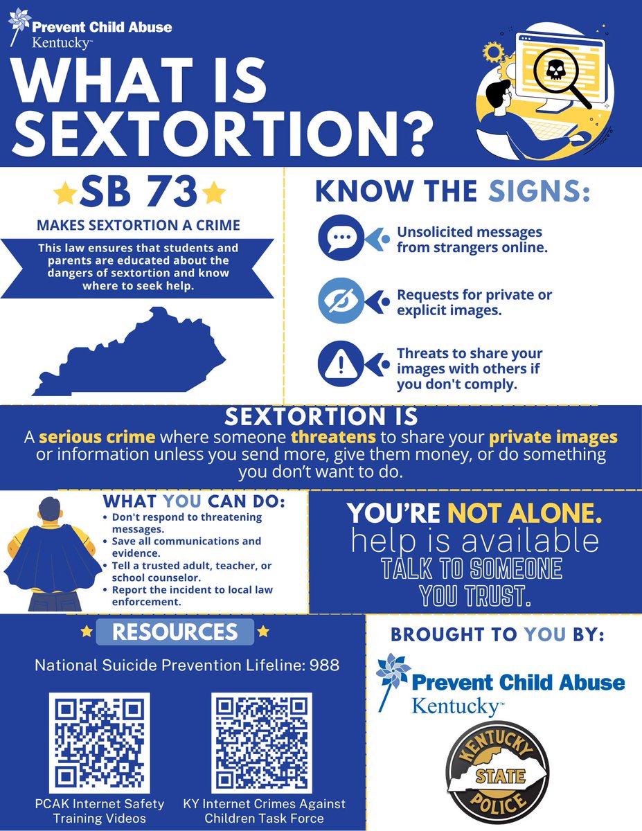 JusticeKentucky's tweet image. Sextortion poses a significant threat to Kentucky’s youth, involving manipulation and blackmail online. That's why @kystatepolice and @PCAKY are collaborating to raise awareness and ensure the safety of our children.
Learn more now @ tinyurl.com/rcvpeuw