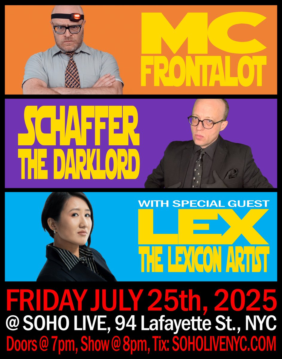 Schaffer the Darklord (@schafferthedark) on Twitter photo NEW YORK CITY! This Friday July 25th, catch the Vintage Gentlemen Tour (<a href="/mc_frontalot/">MC Frontalot</a> & <a href="/schafferthedark/">Schaffer the Darklord</a>) with special guest <a href="/lextheconartist/">LEX the Lexicon Artist</a> at Soho Live NYC. Doors @ 7pm, Show @ 8pm. Tix: soholivenyc.com/#/events/137109 NEW YORK CITY! This Friday July 25th, catch the Vintage Gentlemen Tour (<a href="/mc_frontalot/">MC Frontalot</a> & <a href="/schafferthedark/">Schaffer the Darklord</a>) with special guest <a href="/lextheconartist/">LEX the Lexicon Artist</a> at Soho Live NYC. Doors @ 7pm, Show @ 8pm. Tix: soholivenyc.com/#/events/137109