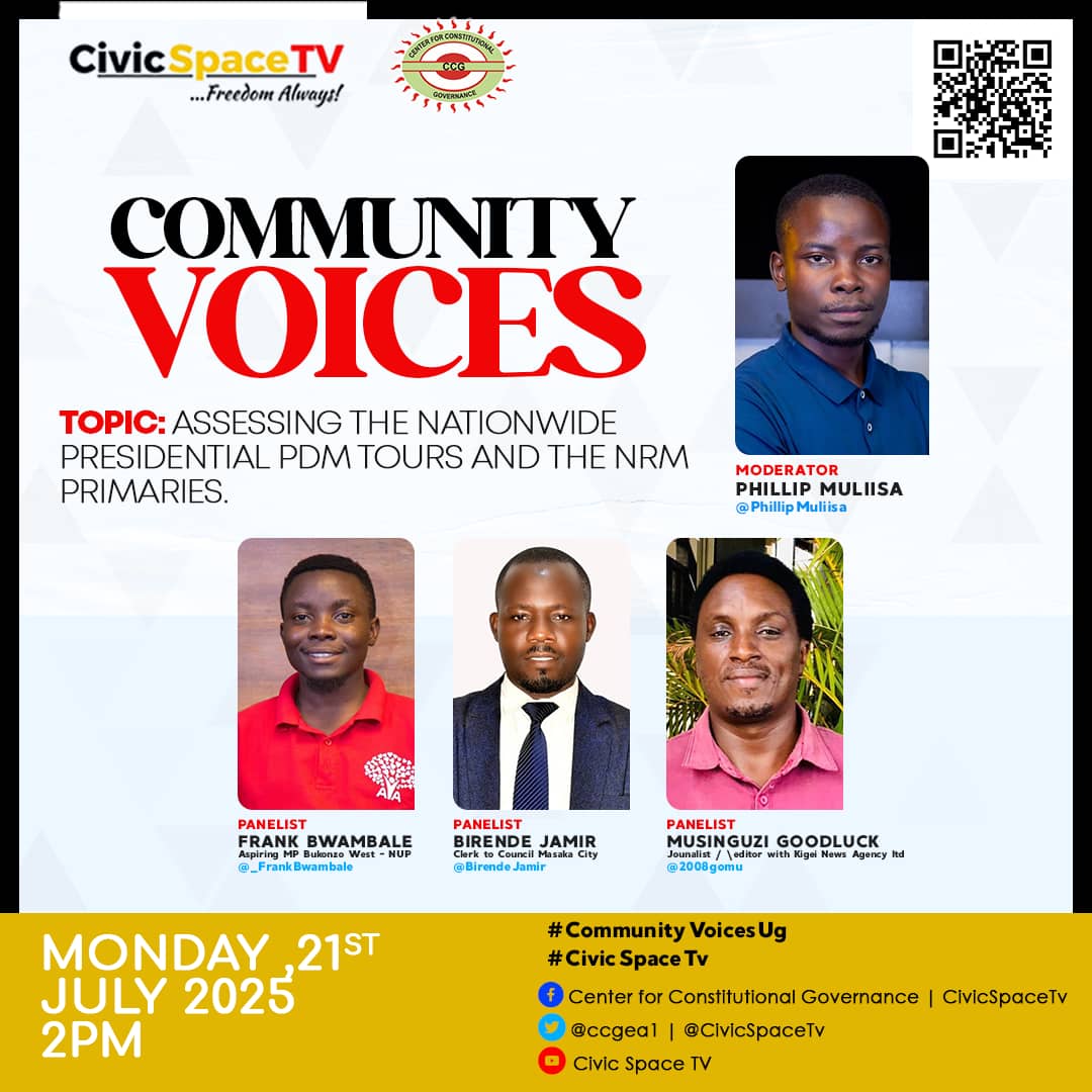 CIVIC SPACE TV (@civicspacetv) on Twitter photo 'Assessing the nation wide presidential PDM tours and the NRM primaries.' #CivicSpaceTV #CommunityVoicesUG
Showing on youtu.be/L0B1Fj7cPwU?si…
<a href="/PHILIPMULIISA/">PHILIP MULIISA ( PM)</a> <a href="/ccgea1/">Center for Constitutional Governance (CCG)</a> <a href="/_FrankBwambale/">Hon. Frank Bwambale</a> <a href="/2008gomu/">Musinguzi Goodluck R #KigeziNews #Mohdelivers</a> 'Assessing the nation wide presidential PDM tours and the NRM primaries.' #CivicSpaceTV #CommunityVoicesUG
Showing on youtu.be/L0B1Fj7cPwU?si…
<a href="/PHILIPMULIISA/">PHILIP MULIISA ( PM)</a> <a href="/ccgea1/">Center for Constitutional Governance (CCG)</a> <a href="/_FrankBwambale/">Hon. Frank Bwambale</a> <a href="/2008gomu/">Musinguzi Goodluck R #KigeziNews #Mohdelivers</a>