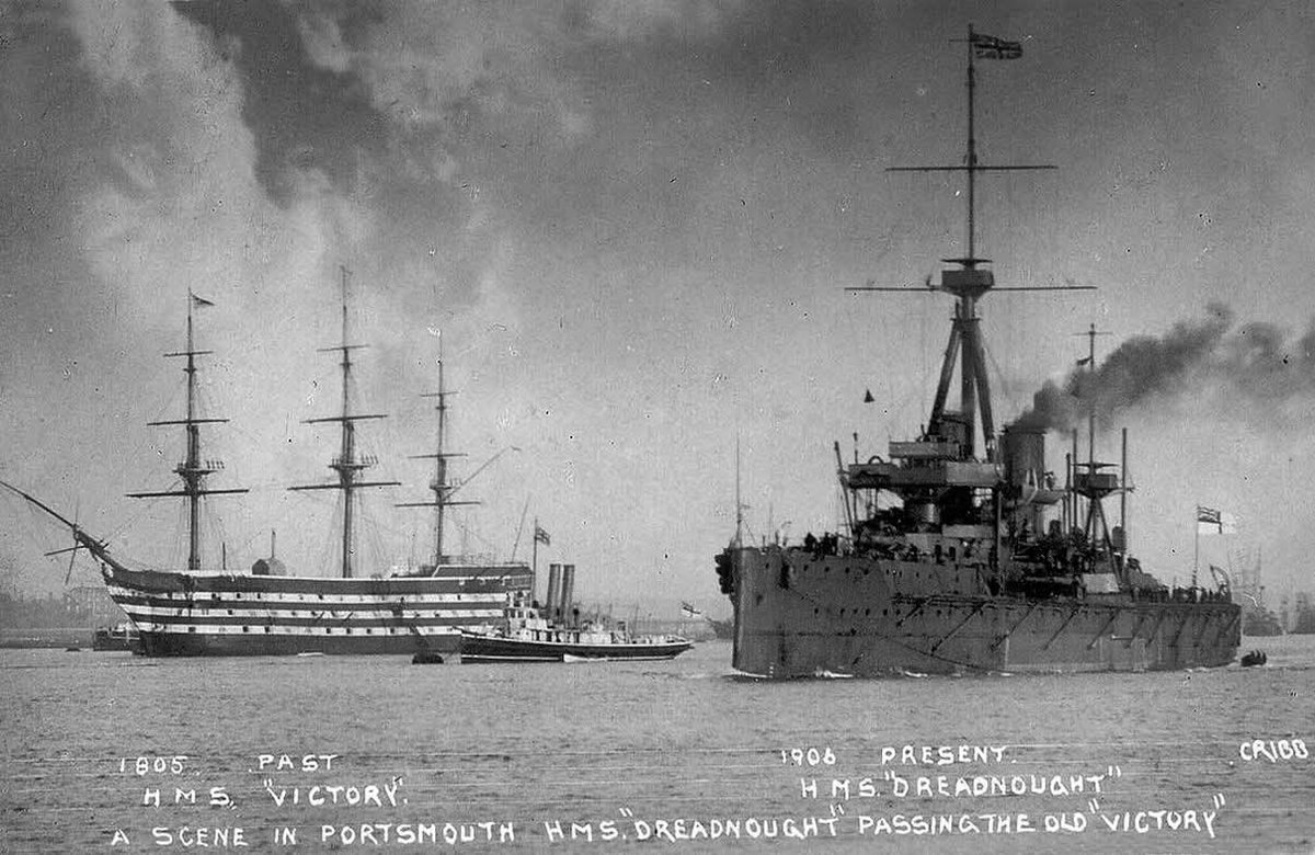 thegeneralboard's tweet image. An amazing photograph capturing a meeting between HMS Dreadnought and HMS Victory at Portsmouth in 1906. Dreadnoughts being namesake of the dreadnought battleships while Victory was famously the flagship of the Royal Navy fleet at Trafalgar.
The photo caption notes the 100 year…