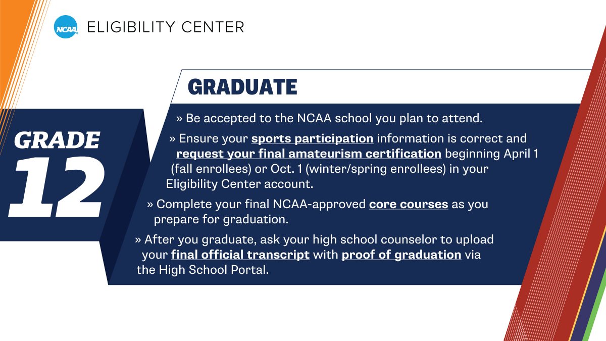 ncaaec's tweet image. Are you a high school senior wanting to compete in #collegesports? Be sure you're accepted to the @NCAA school you plan to attend.
🔗 on.ncaa.com/hstimeline