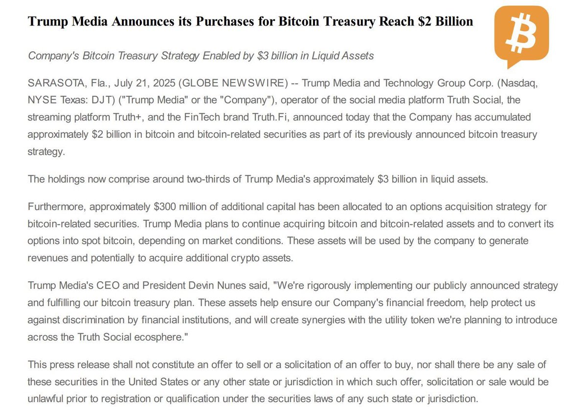 CryptoNotaz's tweet image. 🚨 JUST IN: Trump Media has accumulated $2 BILLION in Bitcoin and Bitcoin-related securities.
They plan to keep stacking sats and convert options into spot BTC.
Trump is going full crypto treasury mode 🔥