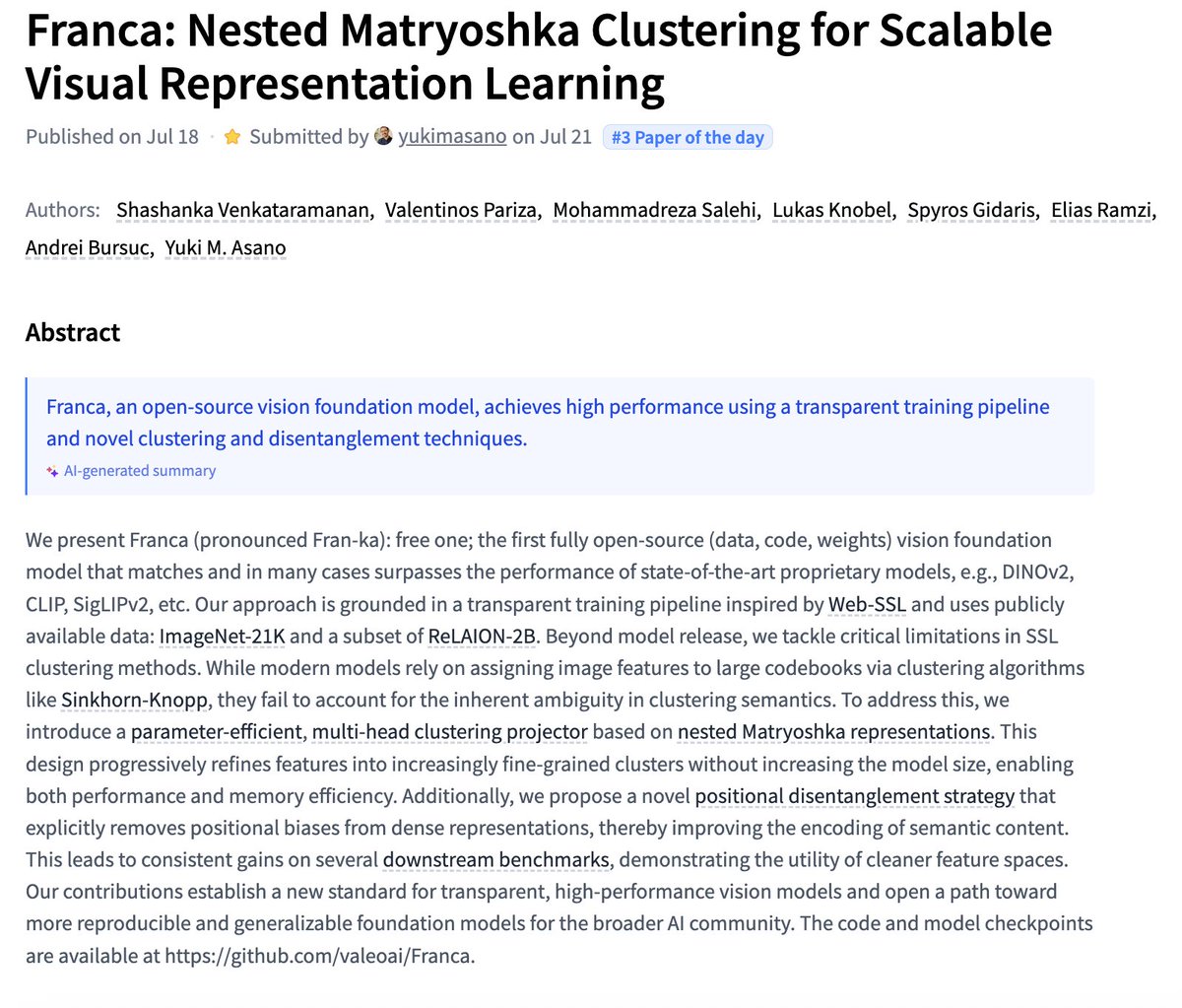 Franca

Nested Matryoshka Clustering for Scalable Visual Representation Learning