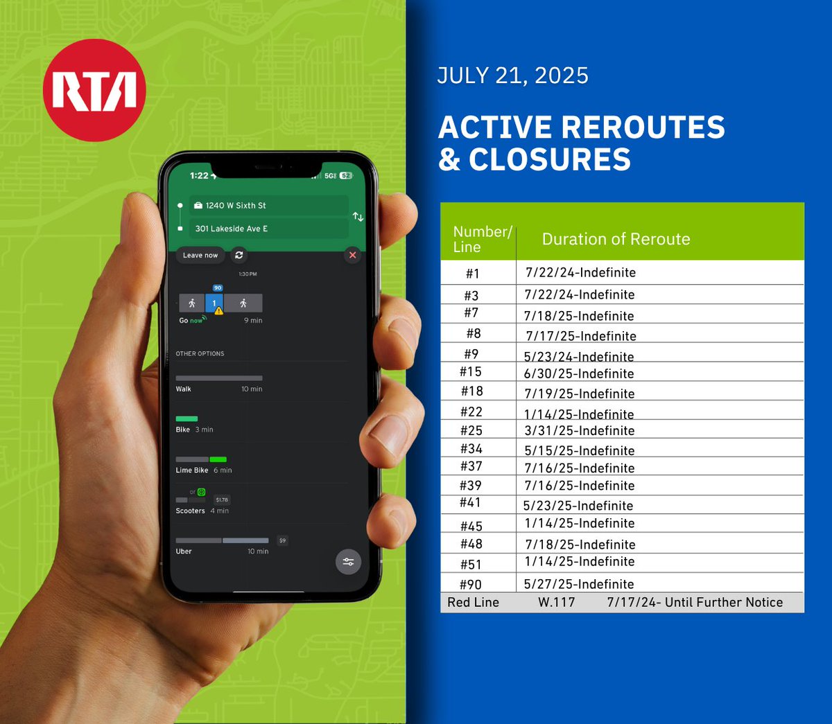 GCRTA's tweet image. Your Weekly GCRTA Reroutes! ποΈ Stay in the know about our active reroutes and closures for the week of July 21, 2025. Please see the image for details on affected lines and plan your journeys. For real-time updates, download the Transit app!