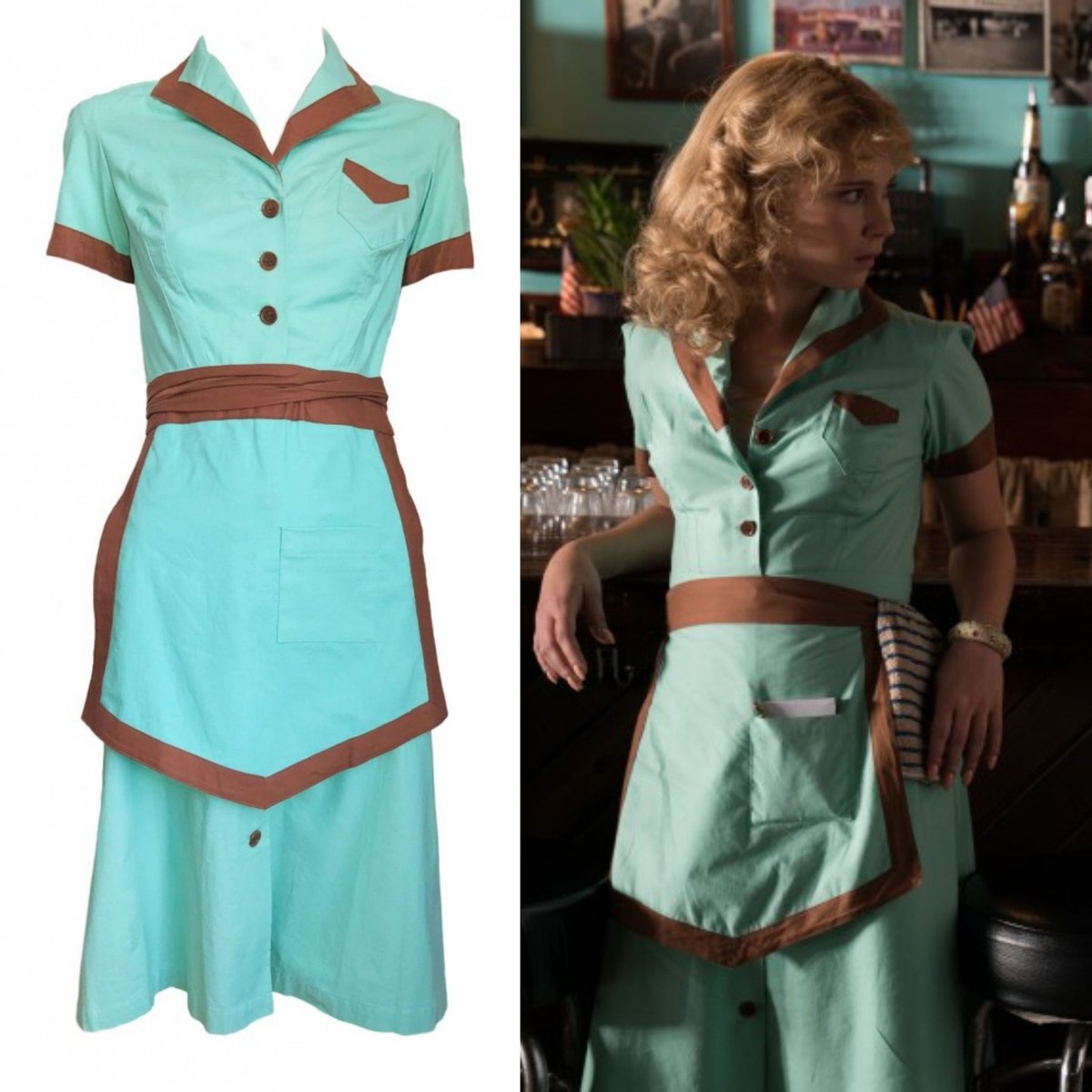 vickyhaddock's tweet image. English actress Juno Temple was born #OnThisDay in 1989. She wore this Suzy Benzinger designed 1950s-inspired mint green and brown waitress uniform with a matching apron as Carolina Rannell in Wonder Wheel (2017). Sold via @iCollector. #film #costume #dress