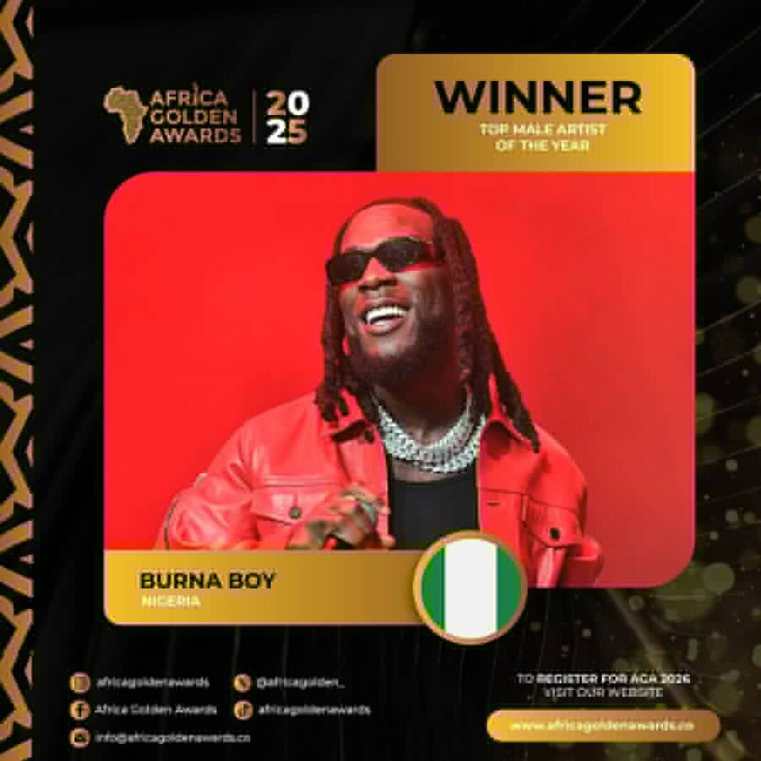 DreamboatVibes's tweet image. Burna boy won the “TOP MALE ARTIST OF THE YEAR” award at the Africa Golden Awards. 2025!🐐🔥