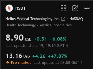 Today's stock recommendations

 $HSDT 

HSDT announced that the stroke device trial achieved good results, with significant improvements in patients' gait and balance. It has applied to the FDA for a new indication, which is worth paying attention to! 📈
