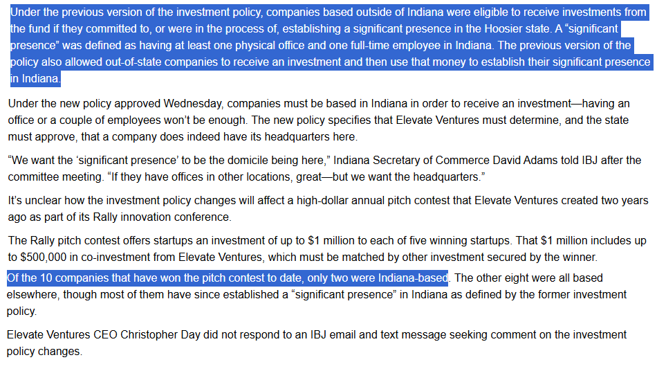 Indy_reporter_'s tweet image. This was always fascinating to us.
OUR money was being used to help out of state startups as long as they had an "office and one employee" in Indiana.
Does that mean a closet and a friend/family member?
Of the 10 companies that have won the pitch contest to date, only two were…