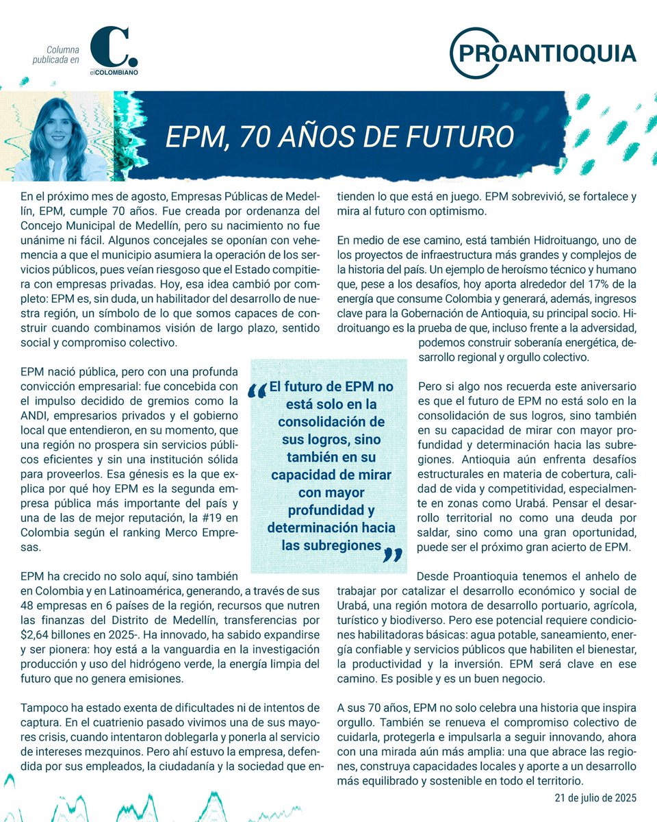 Proantioquia (@proantioquia1) on Twitter photo 👏 A sus 70 años, <a href="/EPMestamosahi/">EPM estamos ahí</a> no solo celebra una historia que inspira orgullo. También se renueva el compromiso colectivo de cuidarla, protegerla e impulsarla a seguir innovando, ahora con una mirada aún más amplia: una que abrace las regiones, construya capacidades locales y 👏 A sus 70 años, <a href="/EPMestamosahi/">EPM estamos ahí</a> no solo celebra una historia que inspira orgullo. También se renueva el compromiso colectivo de cuidarla, protegerla e impulsarla a seguir innovando, ahora con una mirada aún más amplia: una que abrace las regiones, construya capacidades locales y