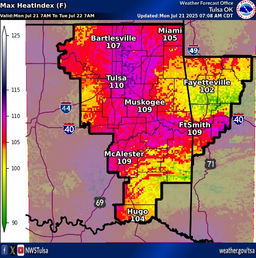 jamesaydelott's tweet image. Please shareโฆ
Heat exhaustion is sneaky. Take steps to lower your risk, BEFORE you see signs of it. EVERYONE is at risk.
The heat and humidity will be dangerously high from midday to late afternoon this week.
Heat Index values may top 110 #okwx