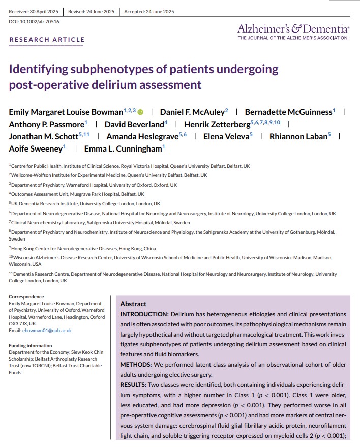 Check out our latest publication in Alzheimer’s &amp; Dementia Journal on identifying subphenotypes of hip and knee replacement patients undergoing post-operative delirium assessment:
pmc.ncbi.nlm.nih.gov/articles/PMC12…