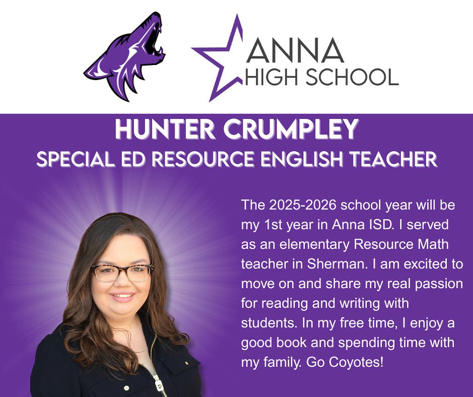 Welcome, Ms. Crumpley, to Anna High School. We are excited to have you on the team.