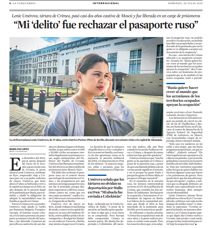 PileckiInstitut's tweet image. Die spanische Tageszeitung La Vanguardia berichtet über unsere Veranstaltung mit Lenie Umerova – einer Krimtatarin und ehemaligen Gefangenen in Russland.
Der Artikel von Maria Paz Lopez ist hier nachzulesen:
lavanguardia.com/internacional/…
„Im Dezember 2022, wenige Monate nach Beginn…