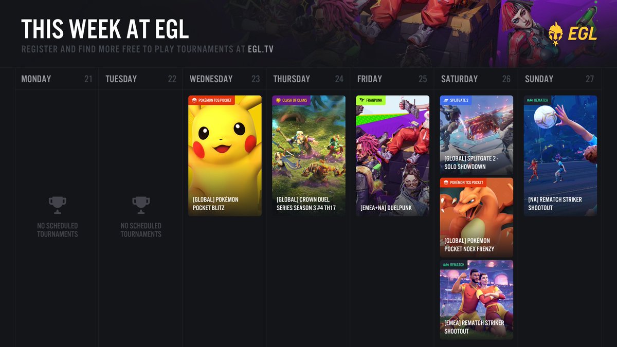 EGL's tweet image. 🎮 This Week at EGL
A quiet week, but REMATCH is bringing double the action!
🔥 EMEA on Saturday
🔥 NA on Sunday
Plus your weekly faves:
🟡 Pokémon Pocket
💣 FragPunk
🚀 Splitgate 2
All tournaments are free to enter ➡️ egl.tv/tournaments