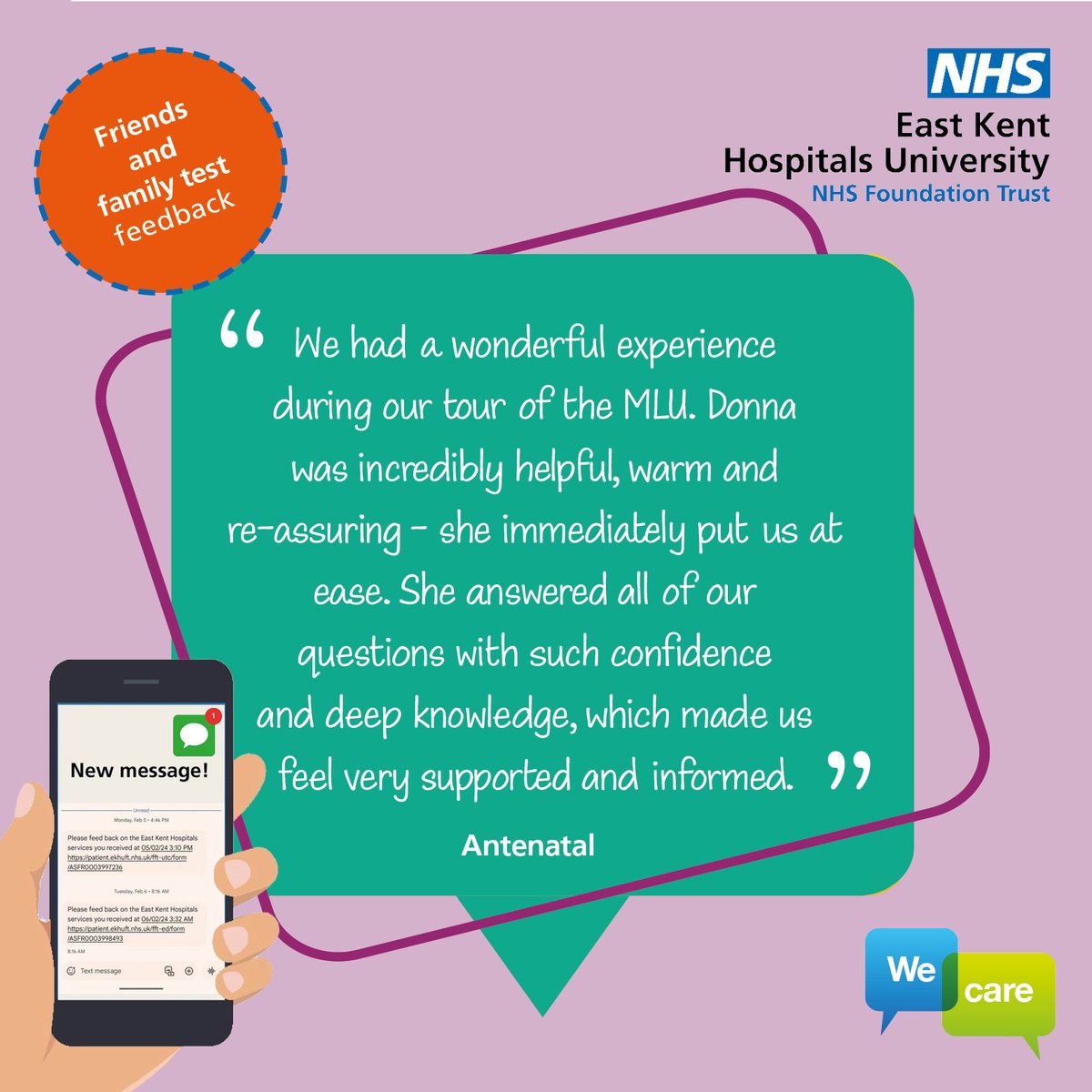 Thank you to our families who responded to the text message you received after leaving our care. 

We are extremely grateful for all feedback received. In June, we would received this positive comment about the experience in antenatal care.

#FriendsandFamilyTest