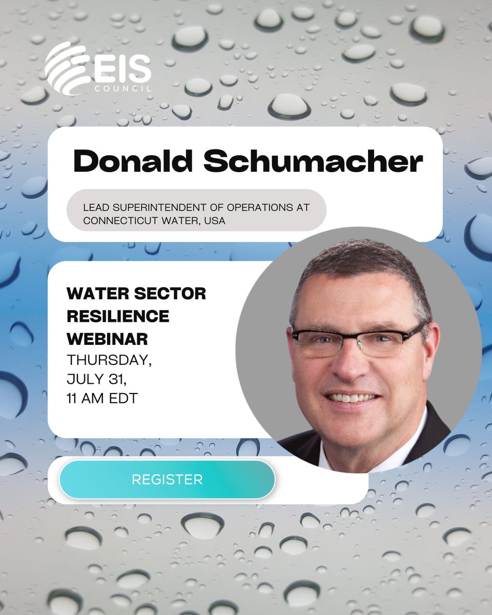 EIS_Council's tweet image. What really happens when a water main breaks down during a crisis?

We&apos;re excited to have Donald Schumacher, Lead Superintendent of Operations at Connecticut Water, join us for a candid look at what water resilience means in day-to-day operations, not just in plans or policies.…