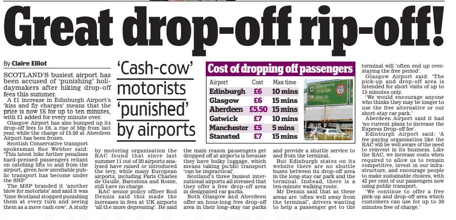 SueJWebber's tweet image. 📈 My comments on Edinburgh airport hiking drop off prices👇
“This latest hike further penalises hard pressed passengers reliant on catching lifts to and from the airport, given how unreliable public transport has become under the SNP.”
