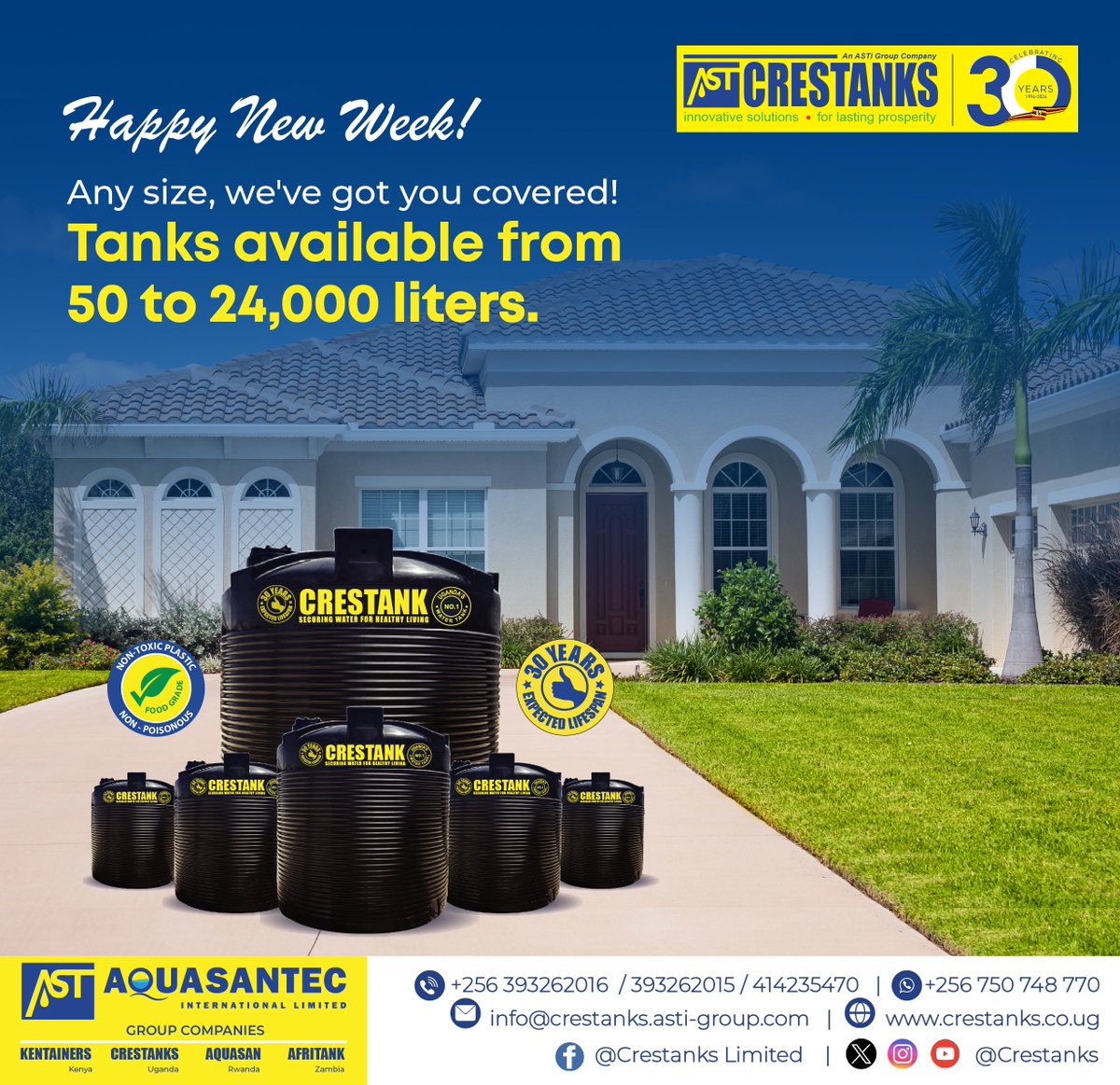 Acquire the ideal tank size tailored to your specific needs. Explore our extensive selection of tank sizes designed to fit your requirements perfectly!

Contact us on 0750748770 to place your orders. 

#Crestanks #plasticproducts #watertanks #newweek