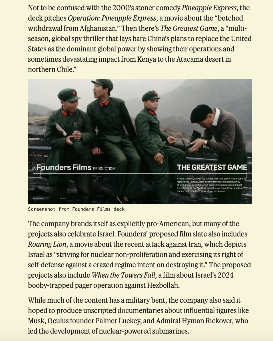maxwelltani's tweet image. New: Palantir&apos;s CTO and several early employees are raising money to launch Founders Films, a film and TV production studio that aims to &quot;say yes to projects about American exceptionalism, name America’s enemies, back artists unconditionally, take risk on novel IP.”
