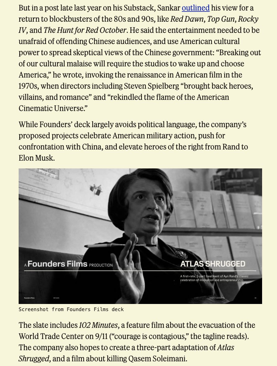 maxwelltani's tweet image. New: Palantir&apos;s CTO and several early employees are raising money to launch Founders Films, a film and TV production studio that aims to &quot;say yes to projects about American exceptionalism, name America’s enemies, back artists unconditionally, take risk on novel IP.”