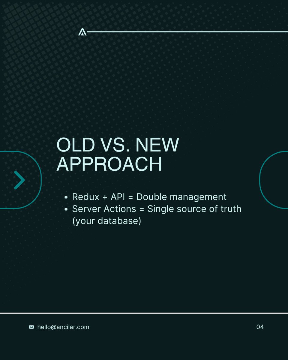 ancilartech's tweet image. Stop overusing Redux for server data.
Next.js Server Actions = cleaner, faster, more secure state management.
Less boilerplate. More focus.

[Next.js Server Actions, Web3 Frontend, Redux Alternative]

#NextjsServerActions #StopUsingRedux #Web3Frontend #AncilarBuilds