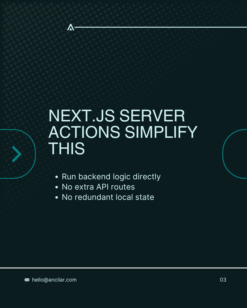 ancilartech's tweet image. Stop overusing Redux for server data.
Next.js Server Actions = cleaner, faster, more secure state management.
Less boilerplate. More focus.

[Next.js Server Actions, Web3 Frontend, Redux Alternative]

#NextjsServerActions #StopUsingRedux #Web3Frontend #AncilarBuilds