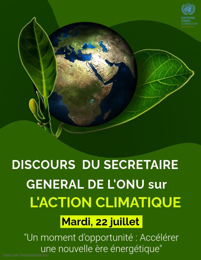 📺 Ne manquez pas la diffusion en direct du discours spécial du Secrétaire général de l’ONU intitulé « Un moment d’opportunité : accélérer la nouvelle ère énergétique ». Ce message marquant sur l’action climatique sera présenté :
🗓 Mardi 22 juillet à 14h00
📍 UNIC Yaoundé