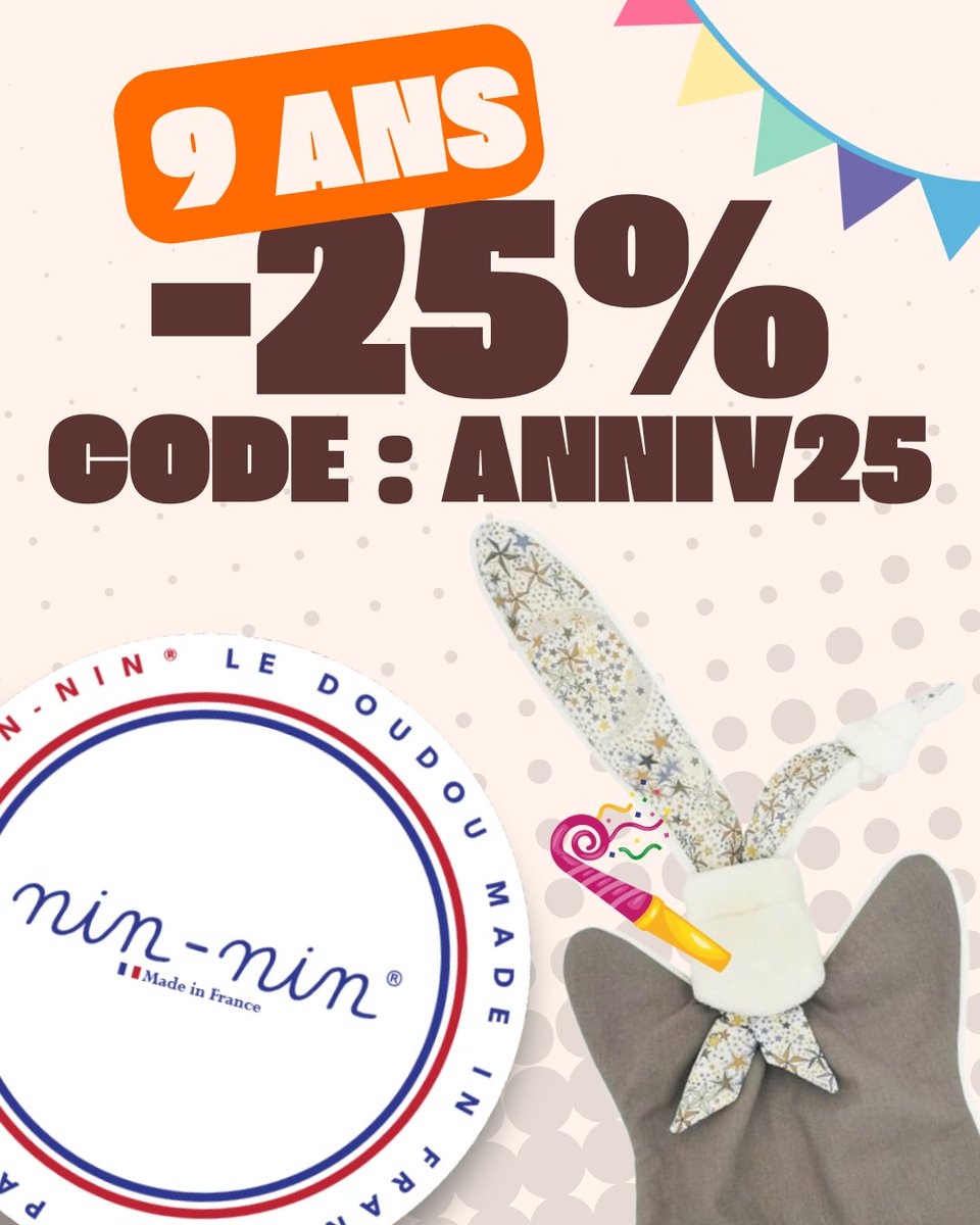🎉 Nin-Nin fête ses 9 ans aujourd’hui !
9 ans de câlins, de doudous, de nuits plus douces (et de parents un peu plus reposés 😅)

-25% sur TOUT le site, UNIQUEMENT aujourd’hui 🎁
Profitez-en avant que les bougies soient soufflées ! ➡️ nin-nin.fr