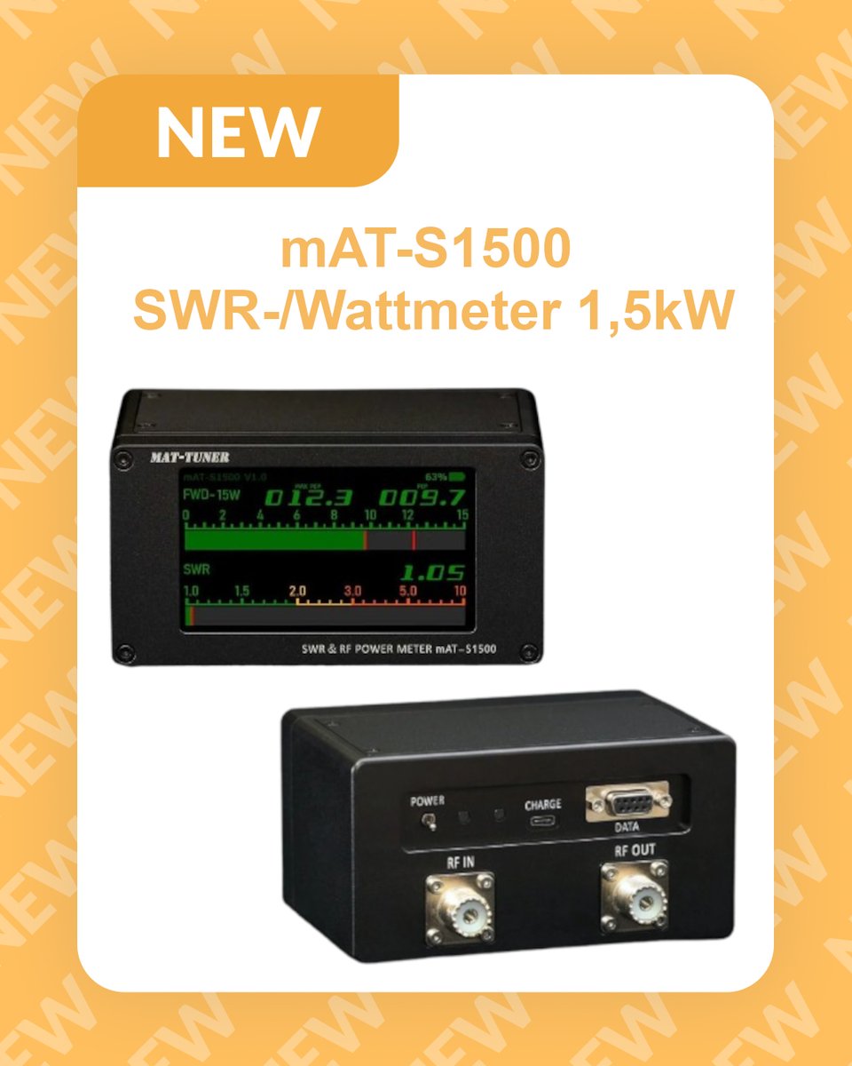 🆕 Neu bei WiMo 🆕 mAT-S1500 SWR-/Wattmeter 1,5kW

Das mAT-S1500 zeigt dir präzise RF-Leistung und SWR von 1,8–54 MHz – automatisch angepasst für 15, 150 oder 1500 W 📊. Das helle Farbdisplay passt sich der Umgebung an und warnt dich bei zu hohem SWR 🌞.

Mit integriertem Akku