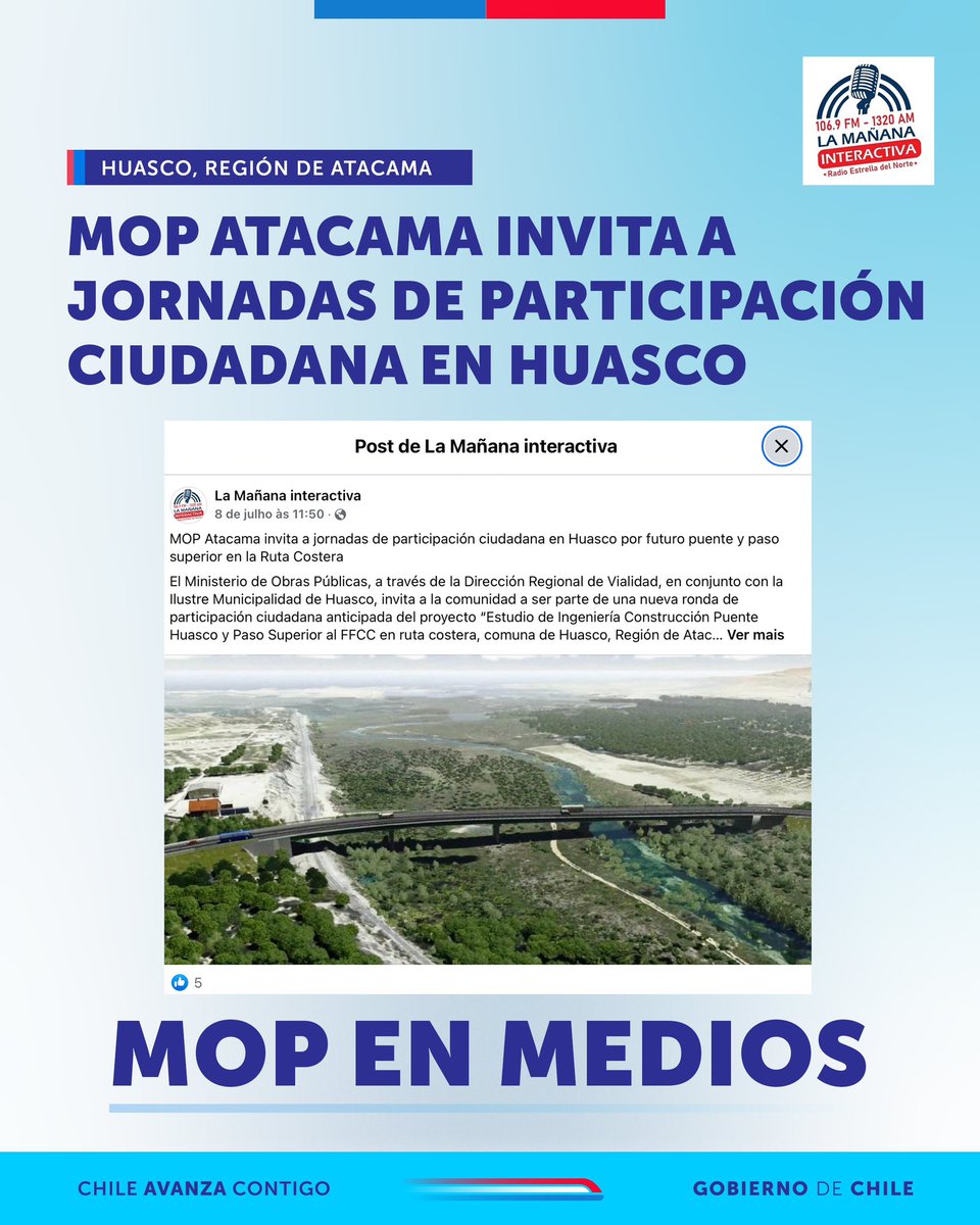 #MOPenMedios| 
☝🏻👷‍♀️Agradecemos a medios regionales la difusión de esta importante actividad para los vecinos de #Huasco.