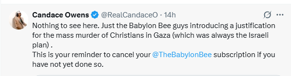 HanShawnity's tweet image. Notorious retardation trafficker Candace Owens is attempting to organize a cancel culture mob against the Babylon Bee because one of its writers hurt her tiny little feewings.
She is such a snowflake.