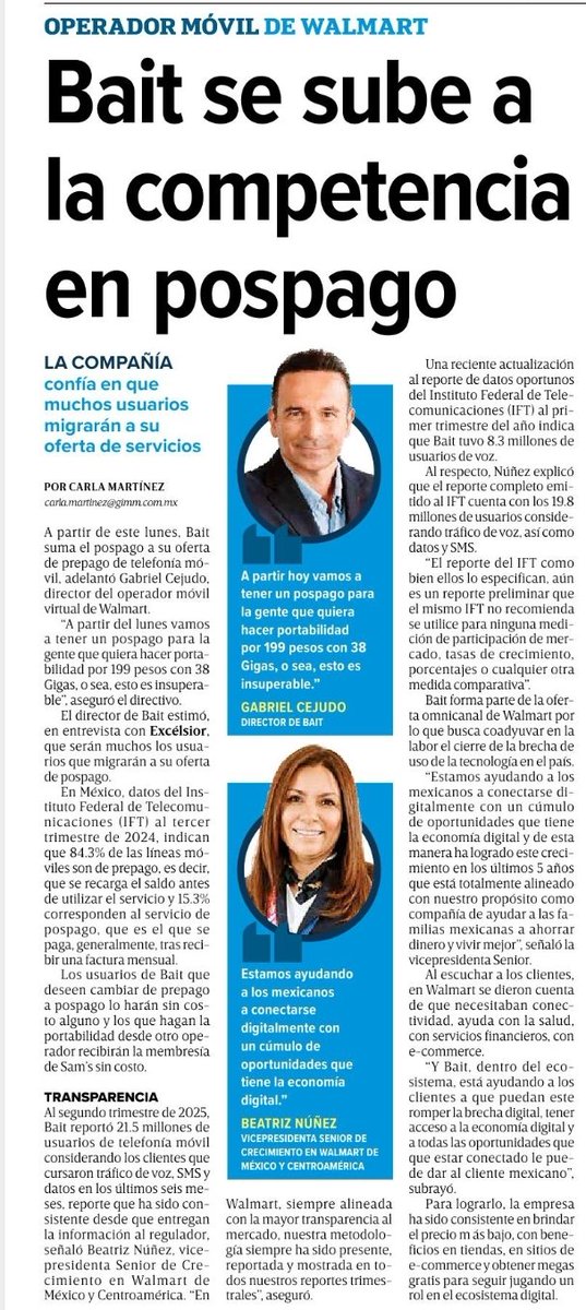 Carlamtzg's tweet image. #EXCLUSIVA @baitmxoficial entra al negocio de pospago con oferta de 199 pesos con 38 GB
@WalmartMexico
