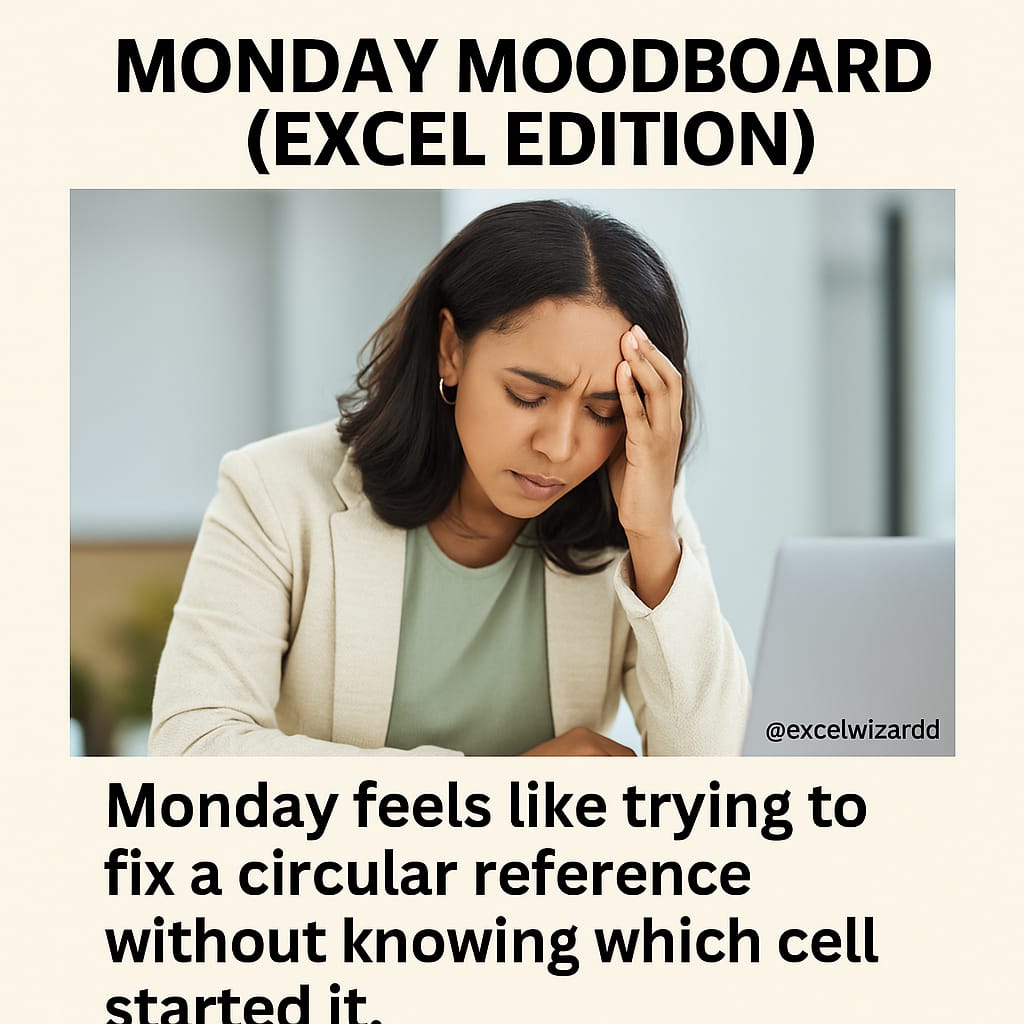 excelwizardd's tweet image. Monday feels like trying to fix a circular reference without knowing which cell started it.
📌 Don’t worry. You got this. We fix broken formulas and broken Mondays here 💪
#ExcelWizardd #MondayMotivation #ExcelHumor
@Microsoft365 @Microsoft