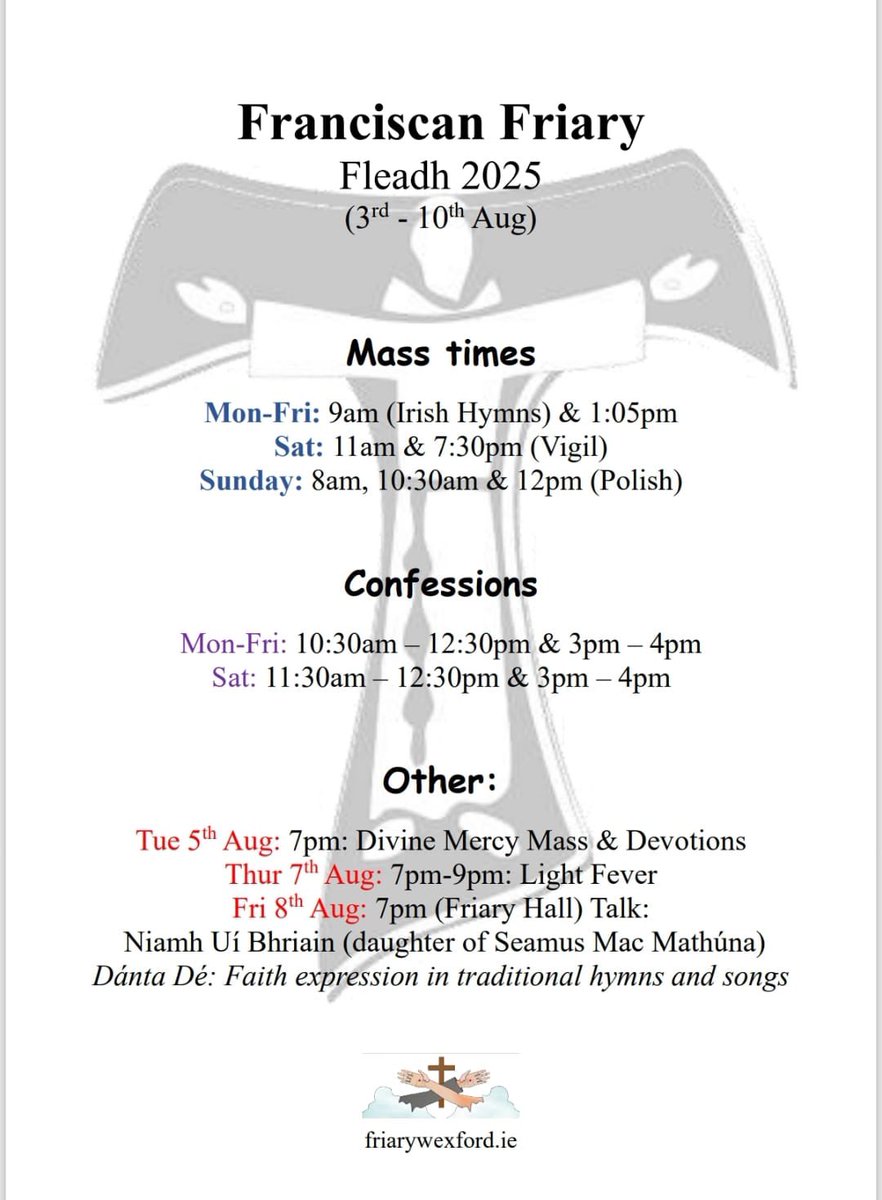Mass and Confession times during the Fleadh week.