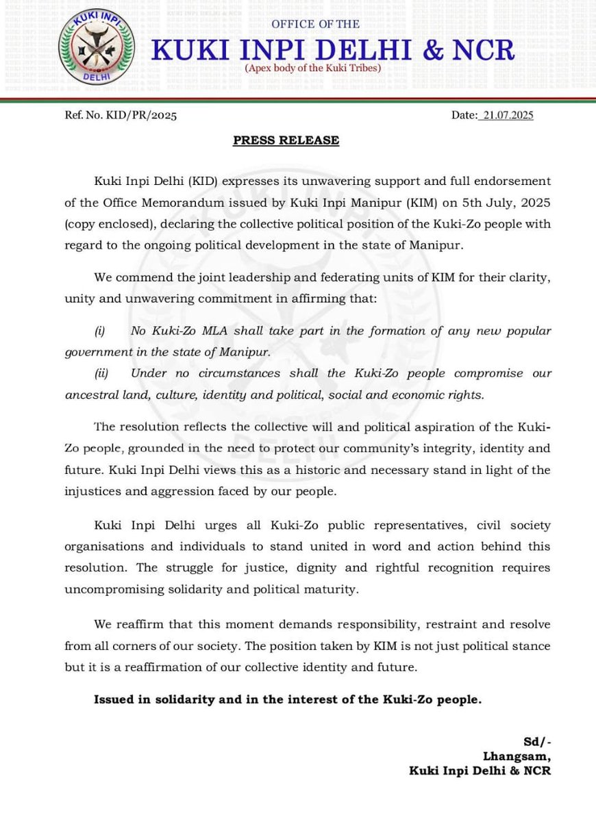 The Kuki Inpi Delhi has endorsed the Kuki Inpi Manipur office memorandum on 5th July 2025.

- No Kuki MLA will participate in forming a new government in Manipur.

- The Kuki will not compromise on their ancestral land, culture, identity, political, social &amp;economic rights.

<a href="/ANI/">ANI</a>