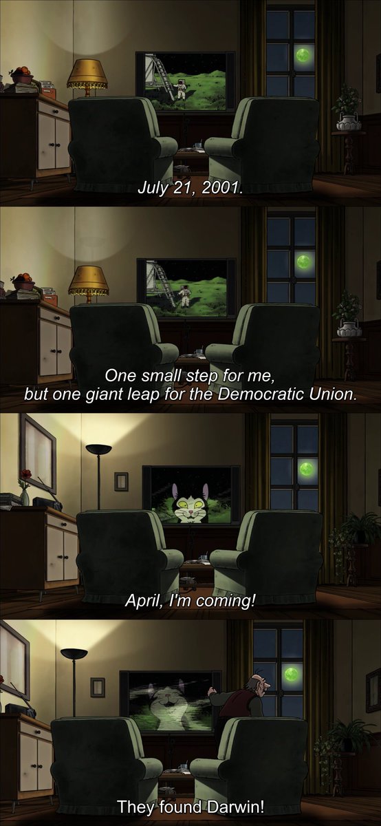 DatesInMovies's tweet image. Jul 21st 2001 - Astronauts found April's talking cat, Darwin, on the surface of the moon.
๐ฝ๏ธ๐
April and the Extraordinary World (2015)
